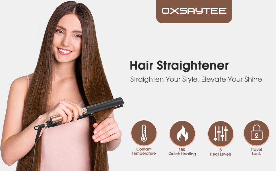 Oxsaytee Hair Iron Straightener Up to 220° Digital 5 Heat Settings Hair iron with Ceramic Coating for Smooth Glide Lasting Results for Curl Auto-shut off, Black 2 1