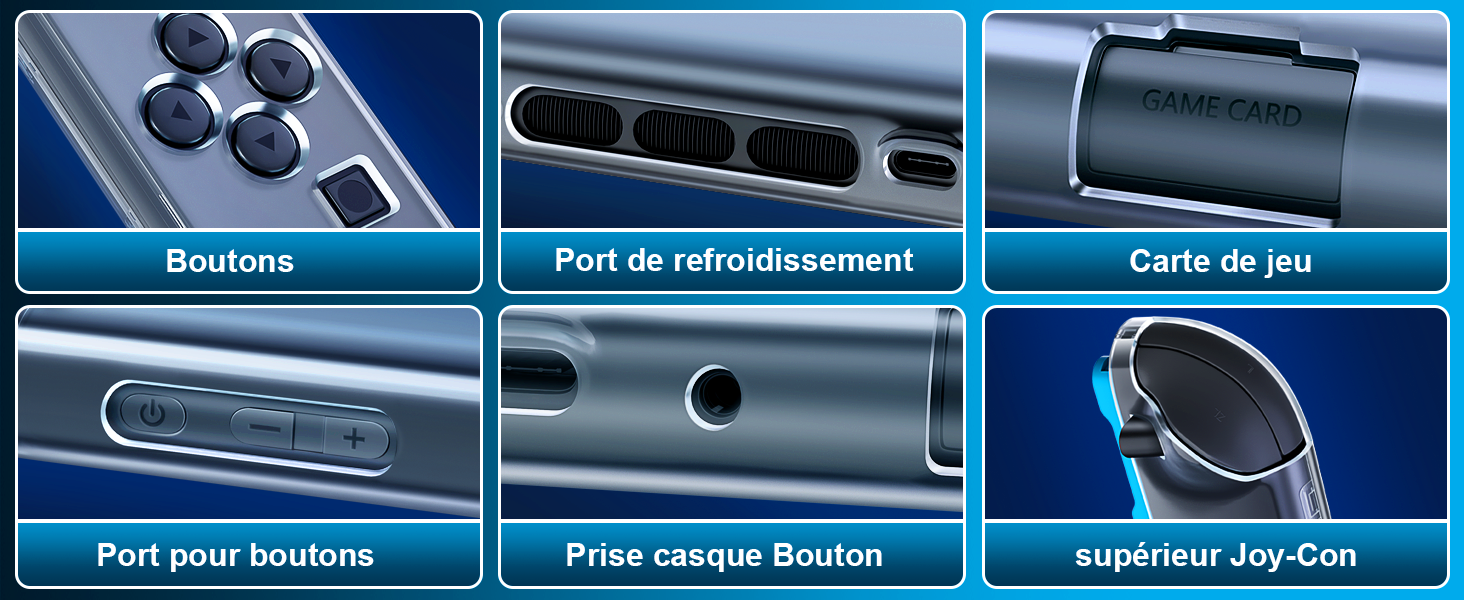 Schéma technique montrant une séquence de pièces du joystick ou de la manette de jeu sur fond bleu. Plusieurs vues affichent les composants du connecteur et les détails d'assemblage.