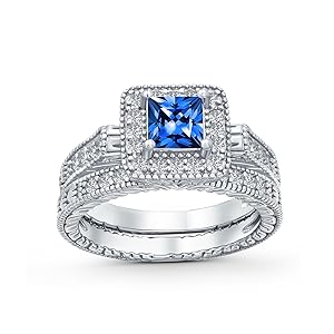 1CT Square Simulated Blue Sapphire Solitaire Cubic Zirconia Brilliant Princess Cut Halo AAA Ring