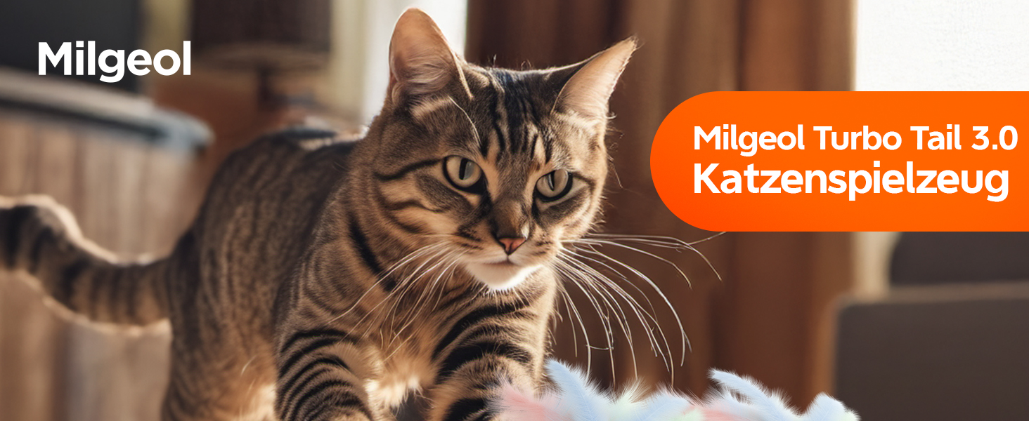 Das Produktbild von Katzenspielzeug der Marke Milgeol zeigt eine getigerte Katze mit markanten Streifen in einer