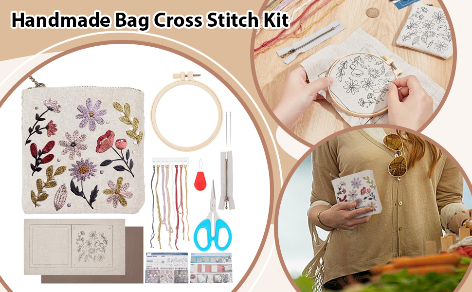 Handmade bag cross stitch kit containing embroidery hoop, scissors, threads, pattern template, and demonstration images of floral design completion.
