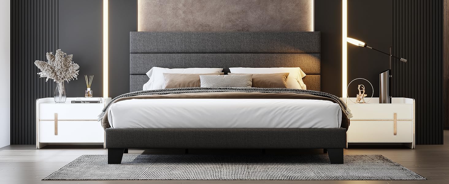 WEEWAY King Bed Frame Platform Bed with Linen Fabric