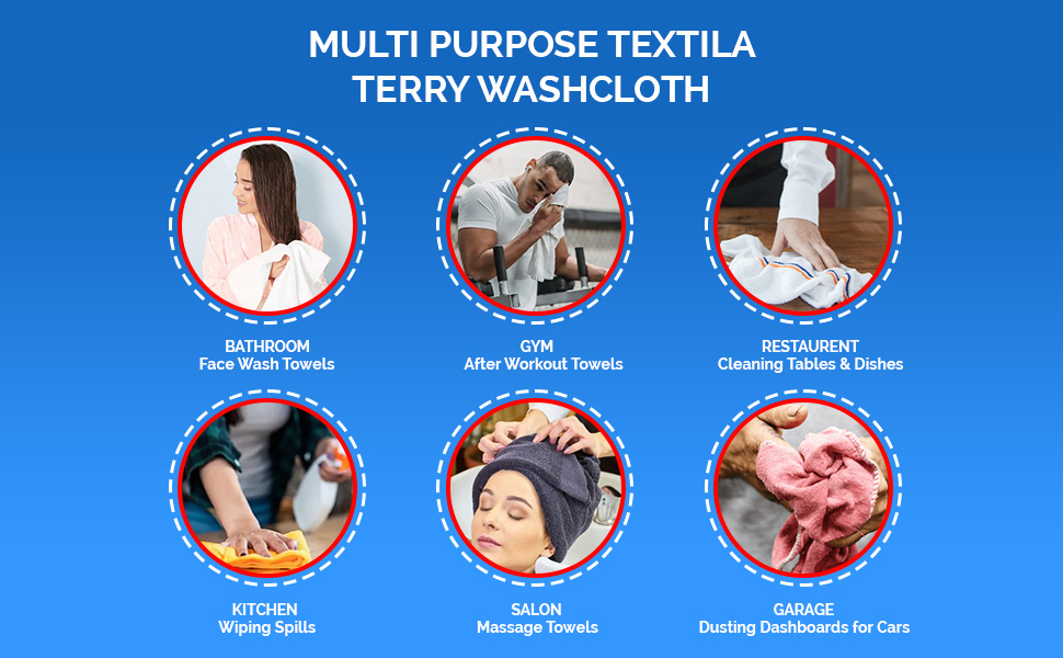 Terry Washcloths, Multicolor, 12x12 Inches, Soft, Absorbent, Bath, Face, Hand, Kitchen, Spa, Gym.