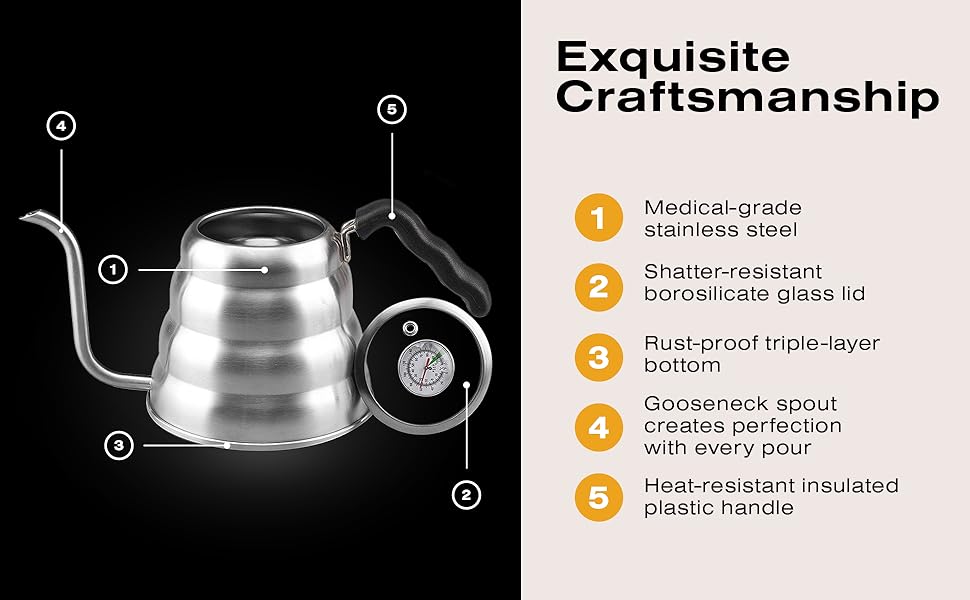 Bean Envy Pour Over Coffee Kettle 40 oz, Stainless Steel