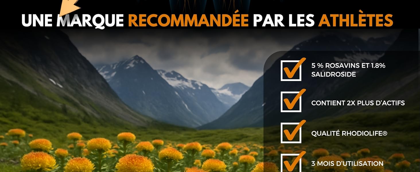 Paysage de montagne avec des fleurs jaunes au premier plan. Texte superposé en français et liste de contrôle mettant en évidence les avantages du produit pour les athlètes, notamment la qualité du rhodioflex et