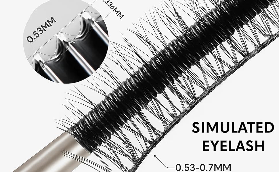 Text reads 'SIMULATED EYELASH'. Close-up images of black artificial eyelash strips with measurement markings '0.25-0.07 MM' visible.
