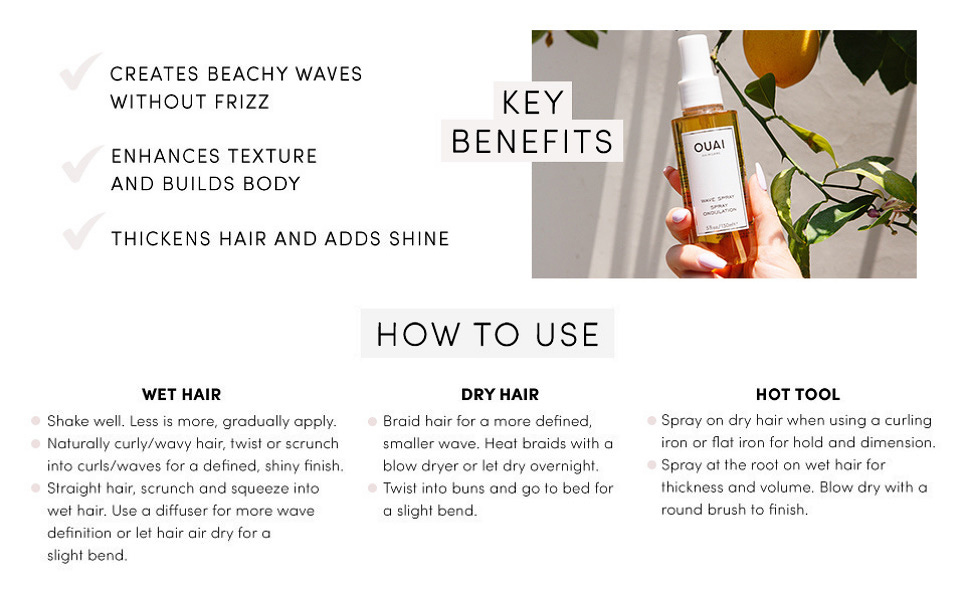 OUAI Wave Spray Texture Spray for Hair with Coconut Oil and Rice Protein Adds Texture
