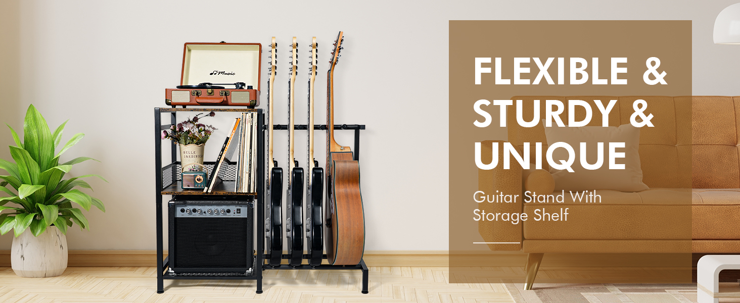 Ikkle Guitar Stand For Acoustic Holder, Electric Guitar, Bass, Ukulele, Guitar Amp Accessories And Vinyl Record Multiple Guitar Rack Holder, With Side Table For Recording Studio, Band Stage, Home
