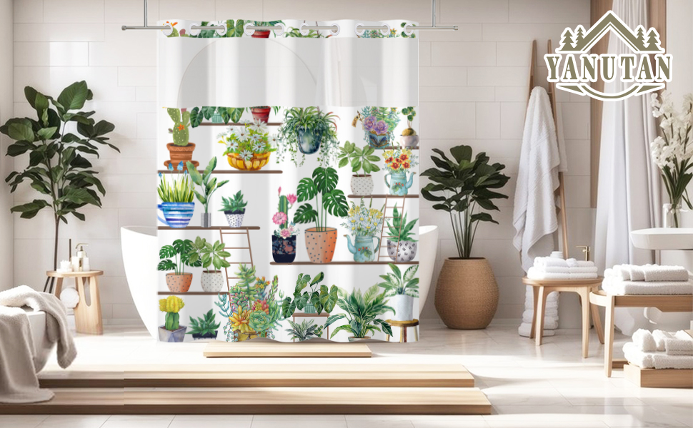 Yanutan No Hook Shower Curtain,Boho Plant Wall Double