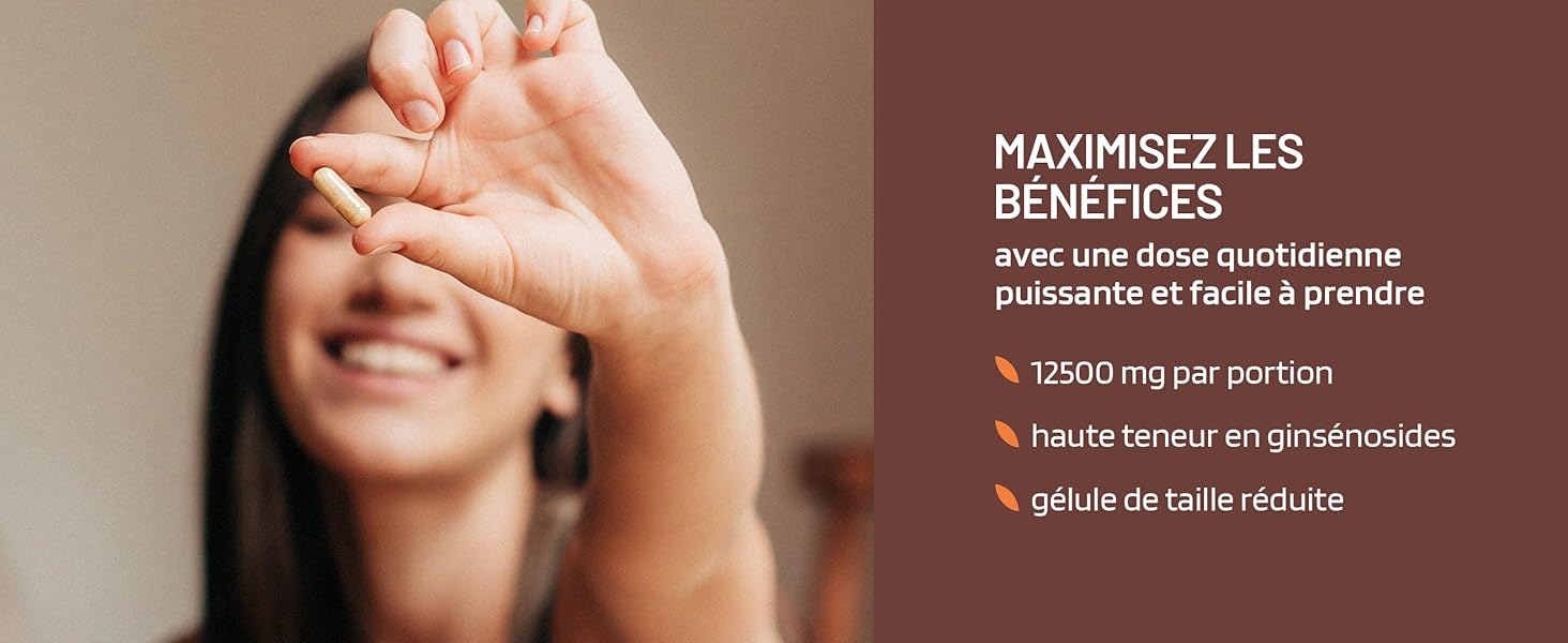 Superposition de texte en français décrivant les avantages du produit, y compris les informations posologiques de 12500 mg par portion