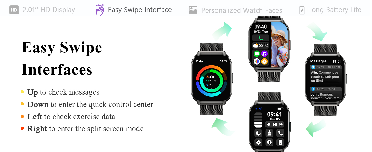 Digital interface diagram showing smartwatch screens with 'Easy Swipe Interfaces' text and directional navigation instructions.