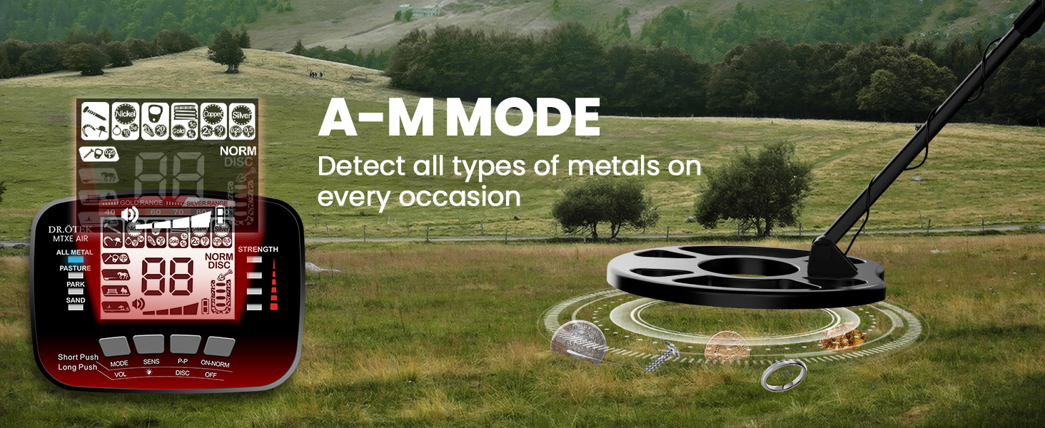 Text reads 'A-M MODE'. Digital display screen showing technical readouts and measurements, with additional outdoor imagery in background.