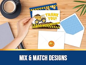 The construction themed thank you cards displayed with matching envelopes & sticker seals
