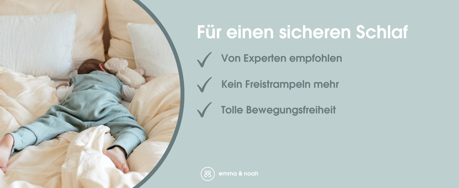 Beige bedding or sleep surface with German text overlay describing features for secure sleep, including safety recommendations