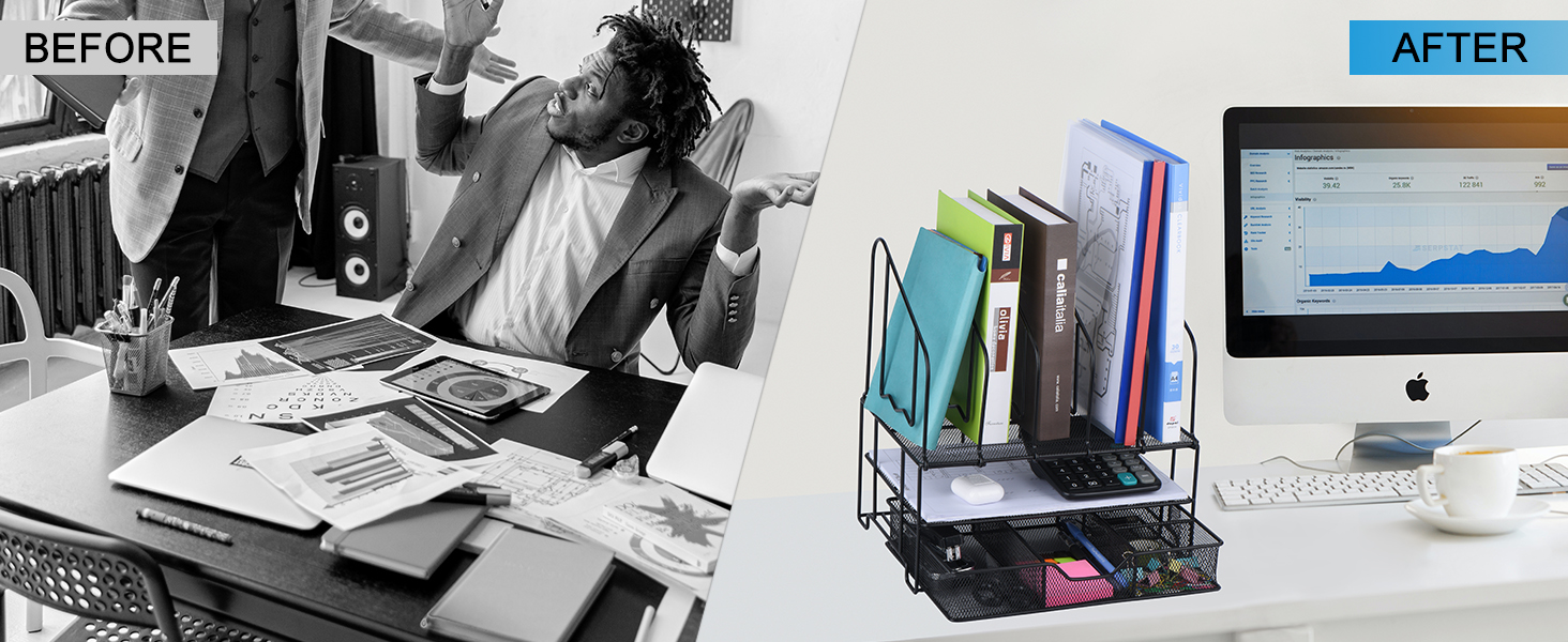 ZCZN Mesh Desk Organiser, Office Desk Tidy Organiser, Double Tray with