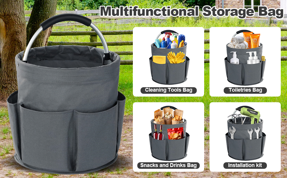 Multifunctional gray storage bag with multiple pockets, shown with various usage configurations for cleaning tools, toiletries, snacks, and installation equipment.