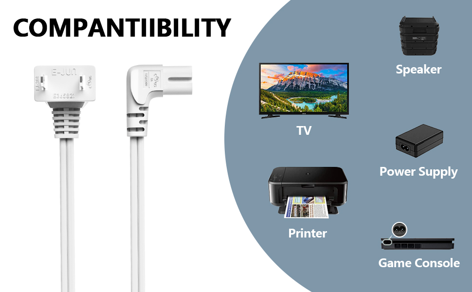 TV Power Cord,Universal 2 Prong Angled NonPolarized 18 AWG