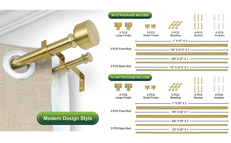 Gold Double Curtain Rods for Windows 72 to 144 Inch(612Ft