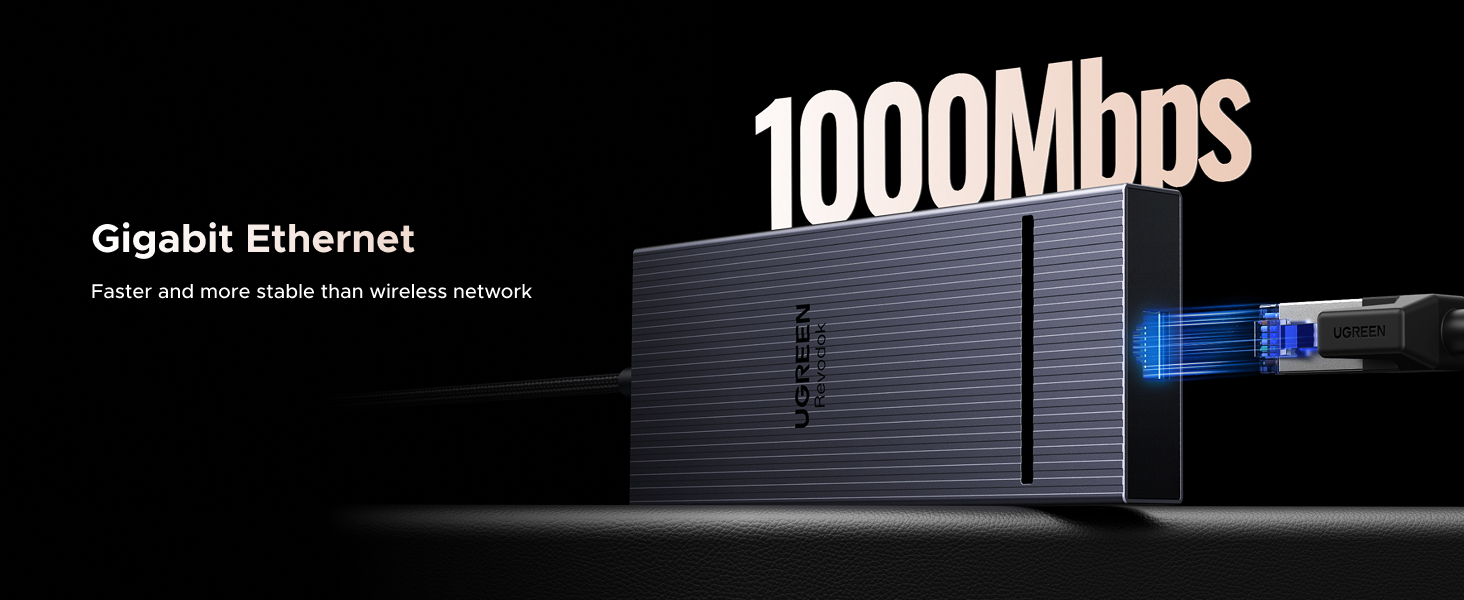 Gigabit Ethernet device with 1000Mbps speed, showcasing faster and more stable data transmission. Black rectangular design with blue light emanating from a port.