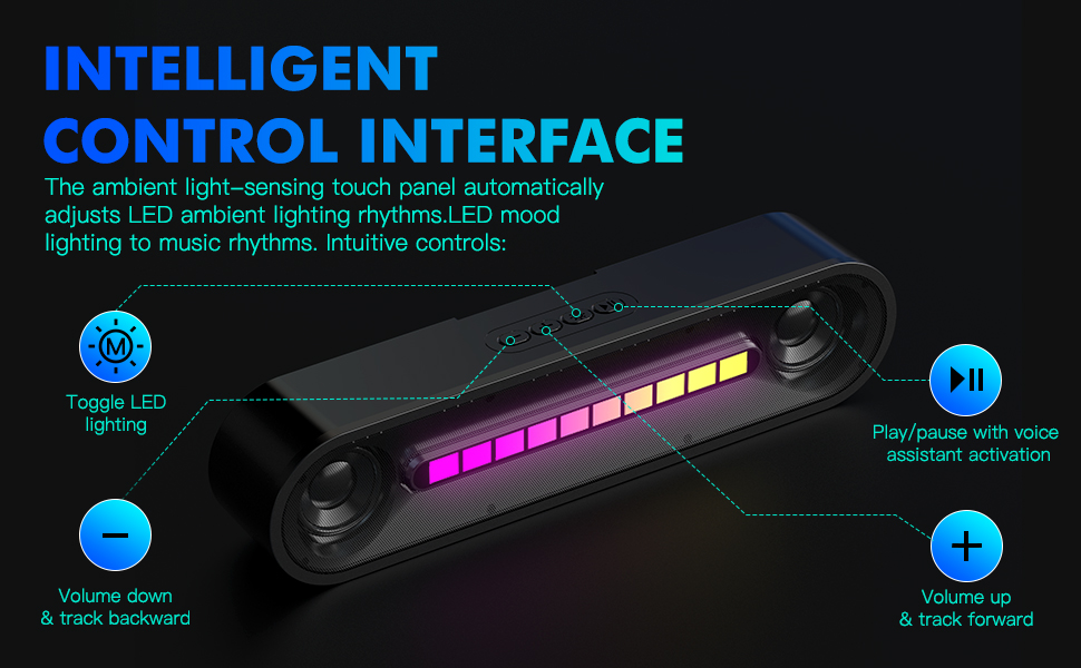 LED-equipped speaker control interface with touch panel for ambient lighting and music control. Features volume buttons, play/pause, and color-changing light bar.