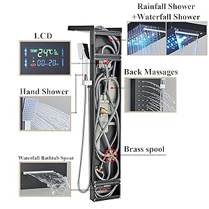 SUGUWORD LED Shower Panel Tower System Black 304 Stainless Steel 5 Function With Rainfall Waterfall Shower Head Massage Jets Hand Shower And Tub Spout Shower System 13 Shower Panel Tower System Black 304 Stainless Steel 5 Function