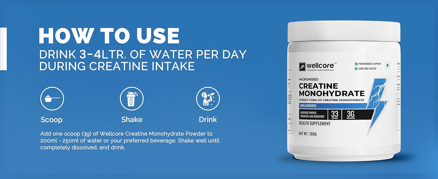 Wellcore Pure Micronised Creatine Monohydrate (100g, 33 Servings) Lab