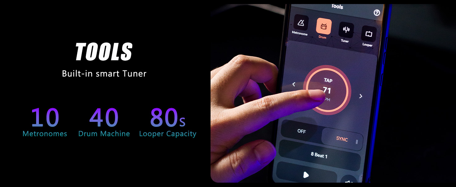 Screenshot of the MOOER Prime app showing the tuner, metronome, and drum machine interfaces.
