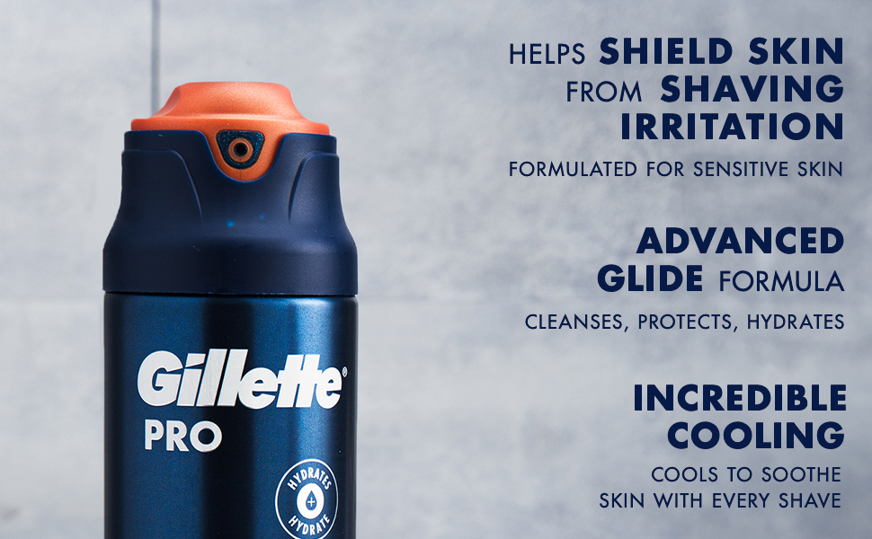 Top:Pro Sensitive Shave Gel bottle with its features:skin shield,advanced glide,incredible cooling