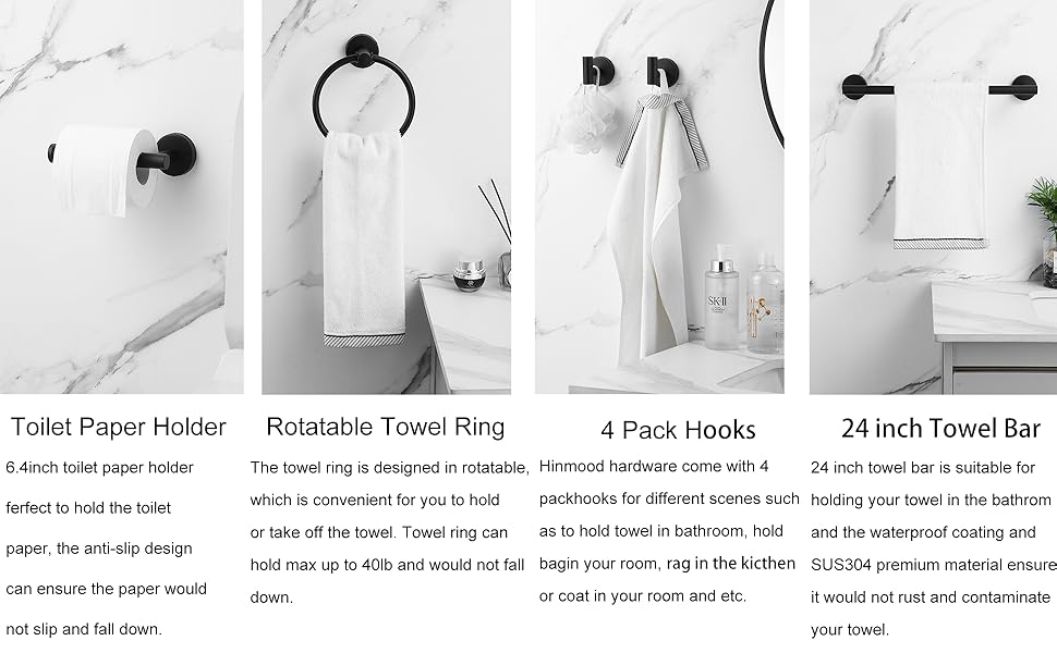 Hinmood Bathroom Hardware Set Matte Black, 10 Pieces