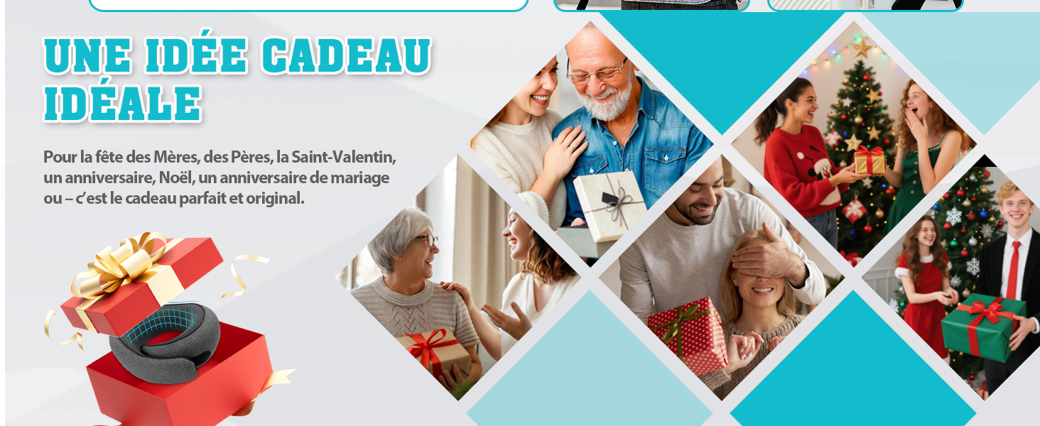 Le texte se lit comme suit : « UNE IDÉE CADEAU IDÉALE ». Collage de photos avec quatre images en forme de losange sur fond turquoise montrant des moments de cadeaux de Noël et des scènes de Noël.
