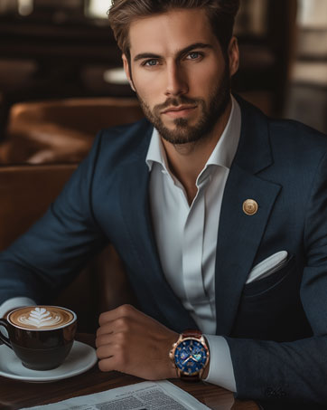 avec chemise blanche. Épinglette dorée. Montre-bracelet avec cadran bleu. Tasse à café avec latte art sur la table.