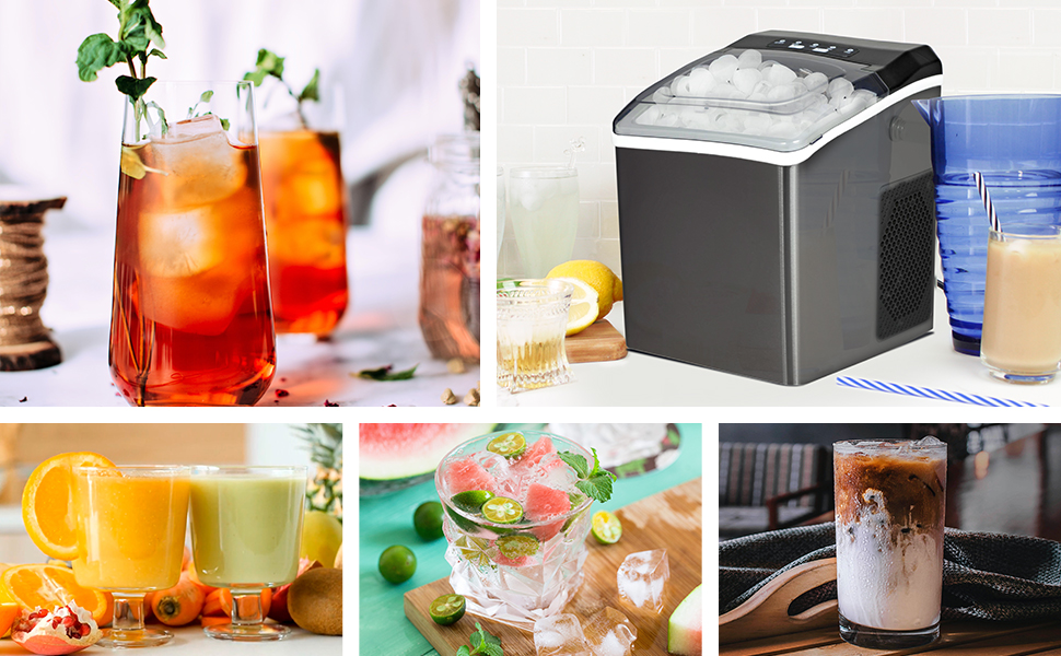Ice maker surrounded by closeup pictures of iced beverages