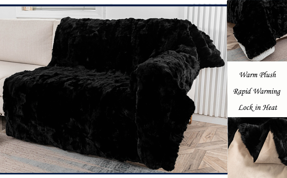 Mibathni Real Rex Rabbit Fur Blanket Throw Soft Black Plush