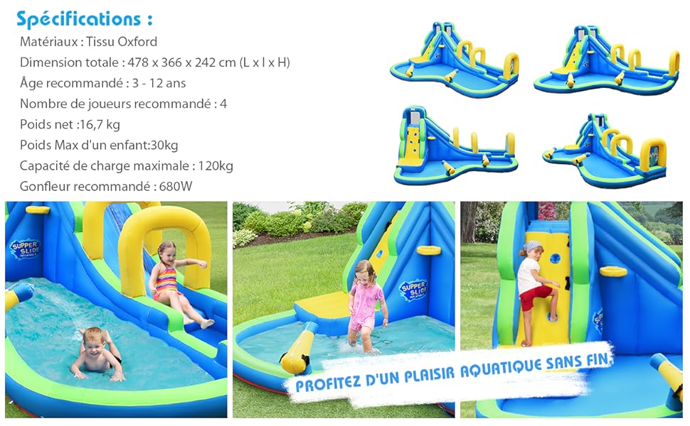 RELAX4LIFE Château Gonflable Pour Enfants Avec Toboggan, Piscine, Mur D’Escalade, Aire De Jeux Aquatique Avec Accessoires Et Divertissements Multiples Pour Enfants Plus De 3 Ans, Gonfleur Non Inclus 16 5