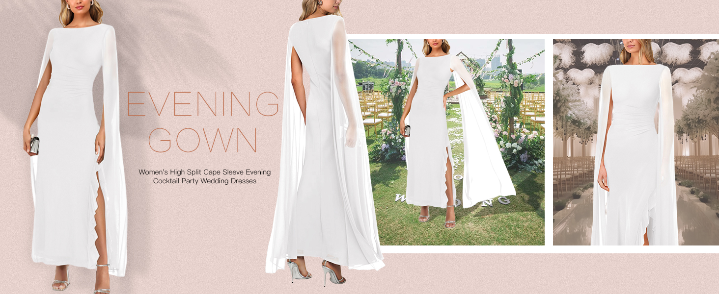 Womens High Split Cape Sleeve Evening Cocktail Party Wedding Dresses