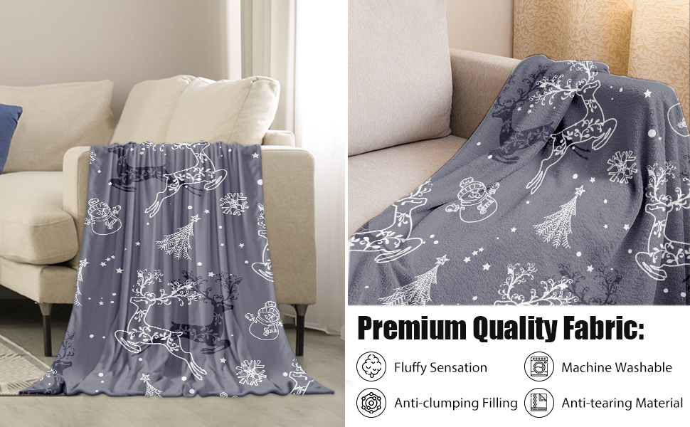 Grey Christmas Blanket, Super Soft Christmas Elk Snowman