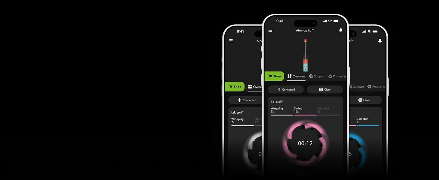 Drei Smartphonebildschirme zeigen die i.d. curl Funktion in der MyDyson App.