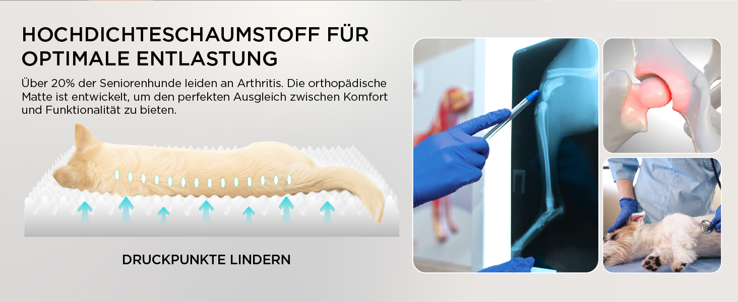 Der Text Lautet „Hochwertigschaumstoff für Optimale entlastung“ und „Druckunkte Lindern“. Mehrere Tafeln Zeigen den Ausbruch der Schaumstoffmatratz und medizinische Diagramm zur Veranschaulichung der DruckpunkTentLastung und der Ausrichtung der Wirbelsäle.