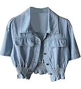 Omoone Women's Short Sleeve Denim Shirt Peplum Ruffle Hem Denim Crop Top Jackets Cowgirl Outfits