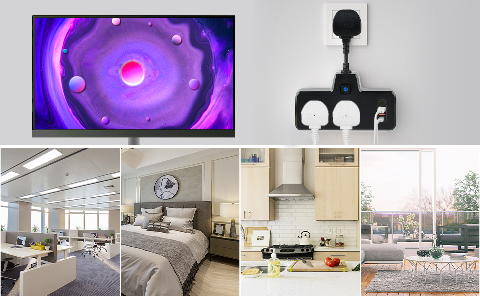 Collage showing purple lighting fixture and interior spaces including bedroom, kitchen, and living areas with modern minimalist design.