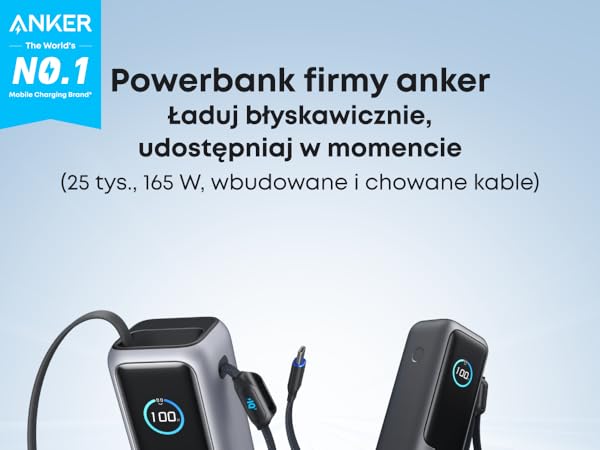 Anker Power Bank 25000mAh, ブラック Anker 20000mAh 22.5W z wbudowanym złączem USB-C - Powerbanki