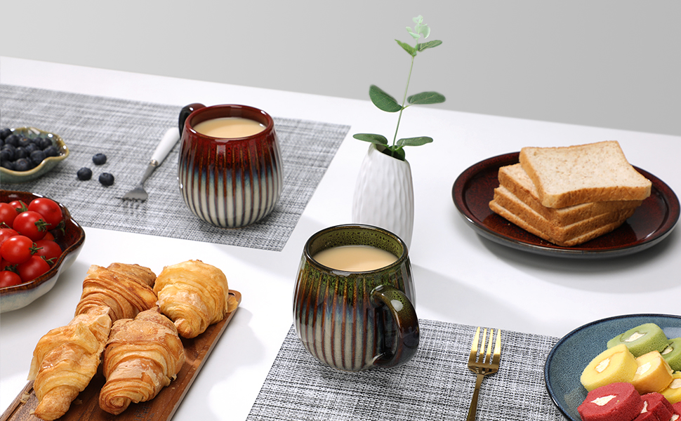 Exquisite breakfast cups placed on the dining table, filled with milk