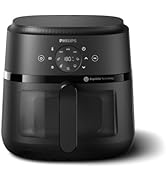 Philips black air fryer with digital control panel, featuring compact cubic design with transparent cooking window on front.