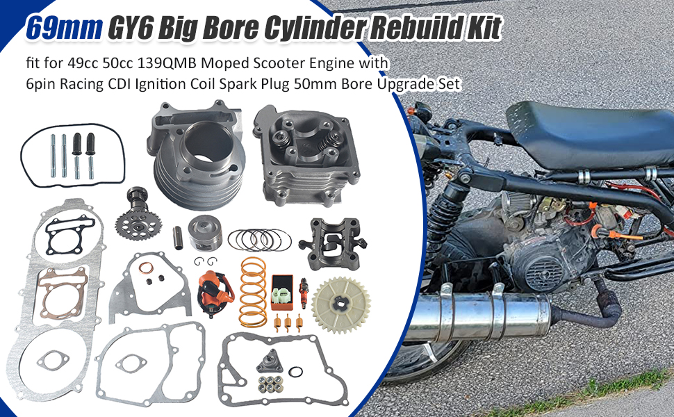 69mm Bore Cylinder GY6 Rebuild Kit fit for 49cc 50cc 139QMB