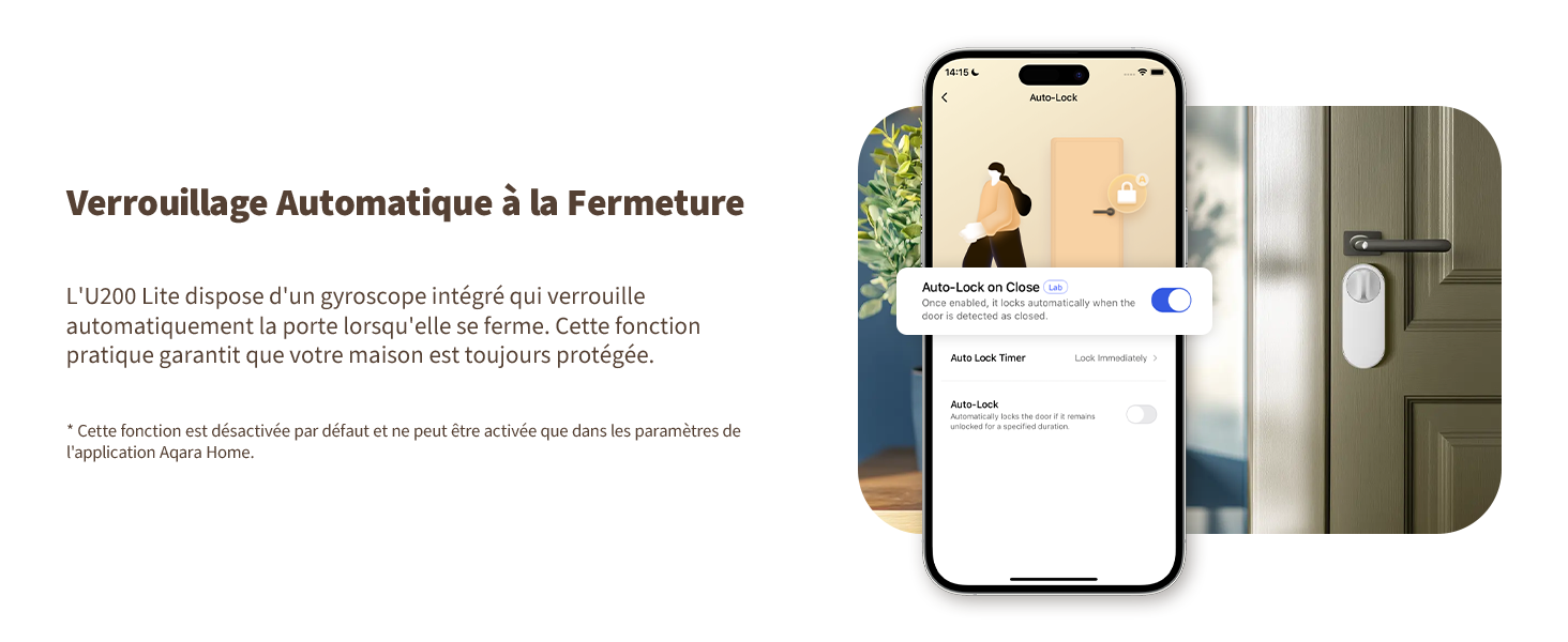 Interface d'application pour smartphone affichant les commandes de verrouillage intelligentes ainsi que des images de l'installation d'un système de verrouillage de porte.