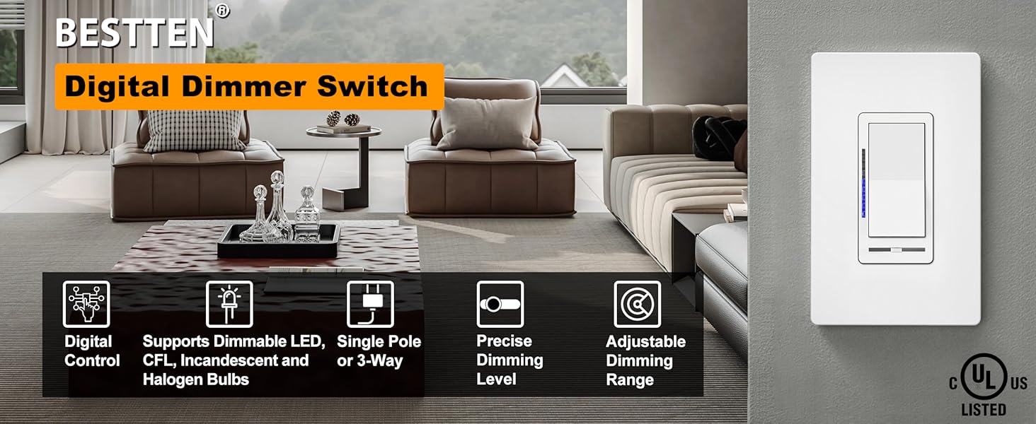 [10 Pack] BESTTEN Digital Dimmer Switch with LED Indicator, Single Pole or 3Way, Suit for