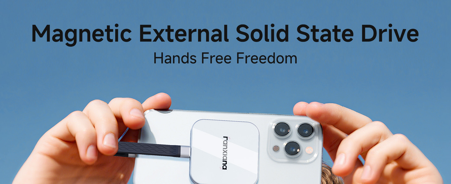 Text reads 'Magnetic External Solid State Drive Hands Free Freedom'. White external storage device being held against white background.