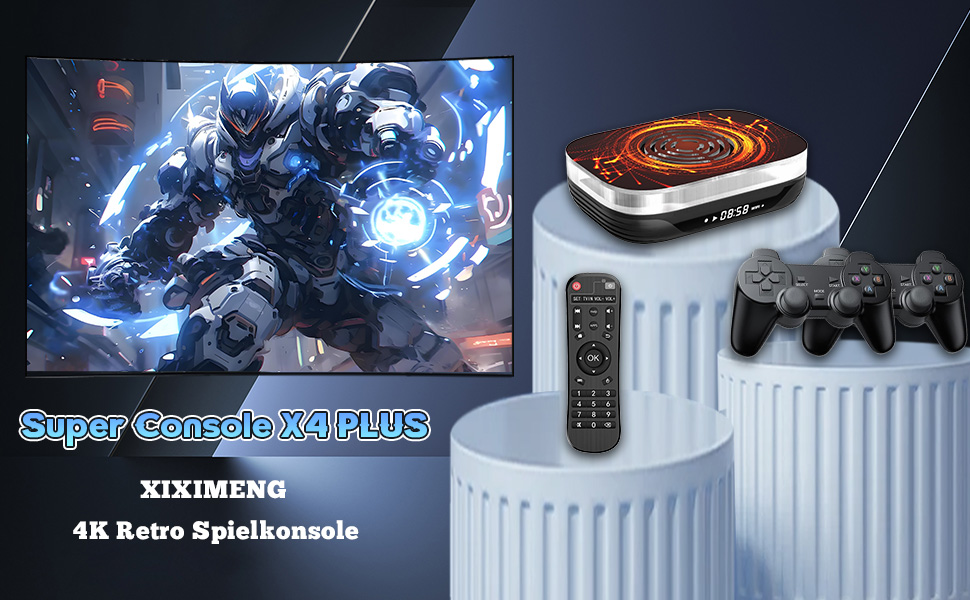 Der Text lautet „Super Console X-PC PLUS“ und „4K Retro Spielkonsole“. Werbebilder für Spielekonsolen mit blauen elektrischen Effekten und Controller-Display.