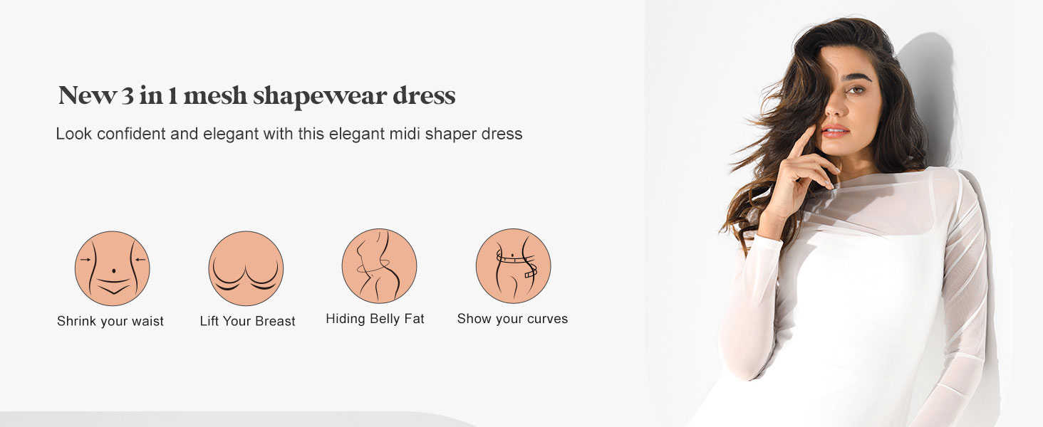Built In Shapewear Dress And White Long Sleeve Dress Sheer Mesh Sets Tummy Control Dress With Slit 