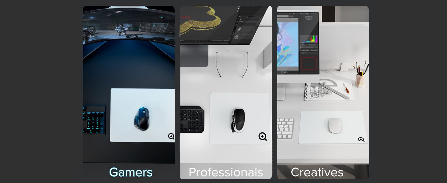 mousepad in different enviroments, gamers, professionals, creatives